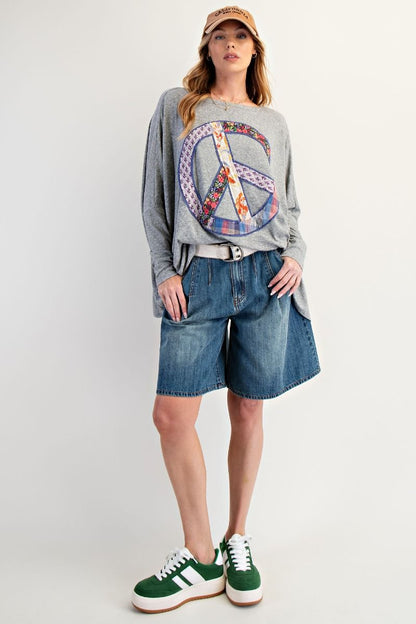 Easel Peace Patch Long Sleeve Top Heather Grey
