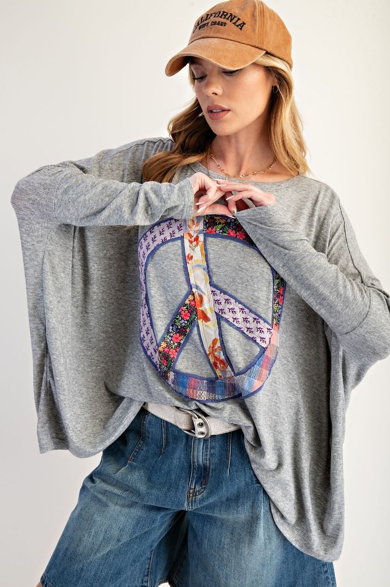 Easel Peace Patch Long Sleeve Top Heather Grey