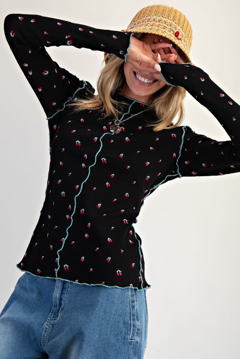 Cherry Embroidered Thermal Top Black