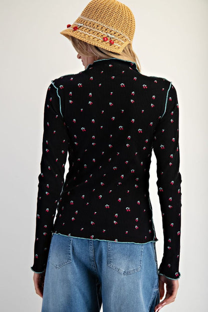 Cherry Embroidered Thermal Top Black