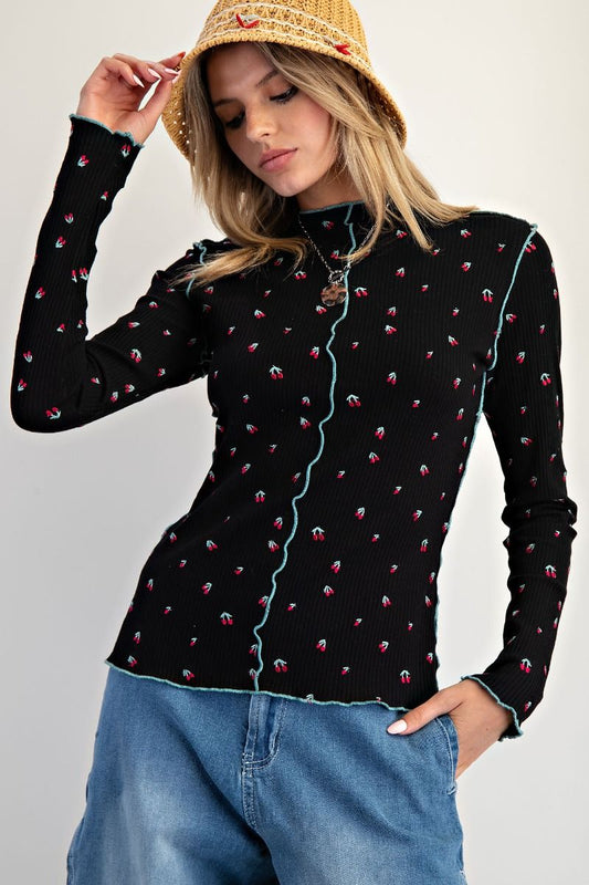 Cherry Embroidered Thermal Top Black