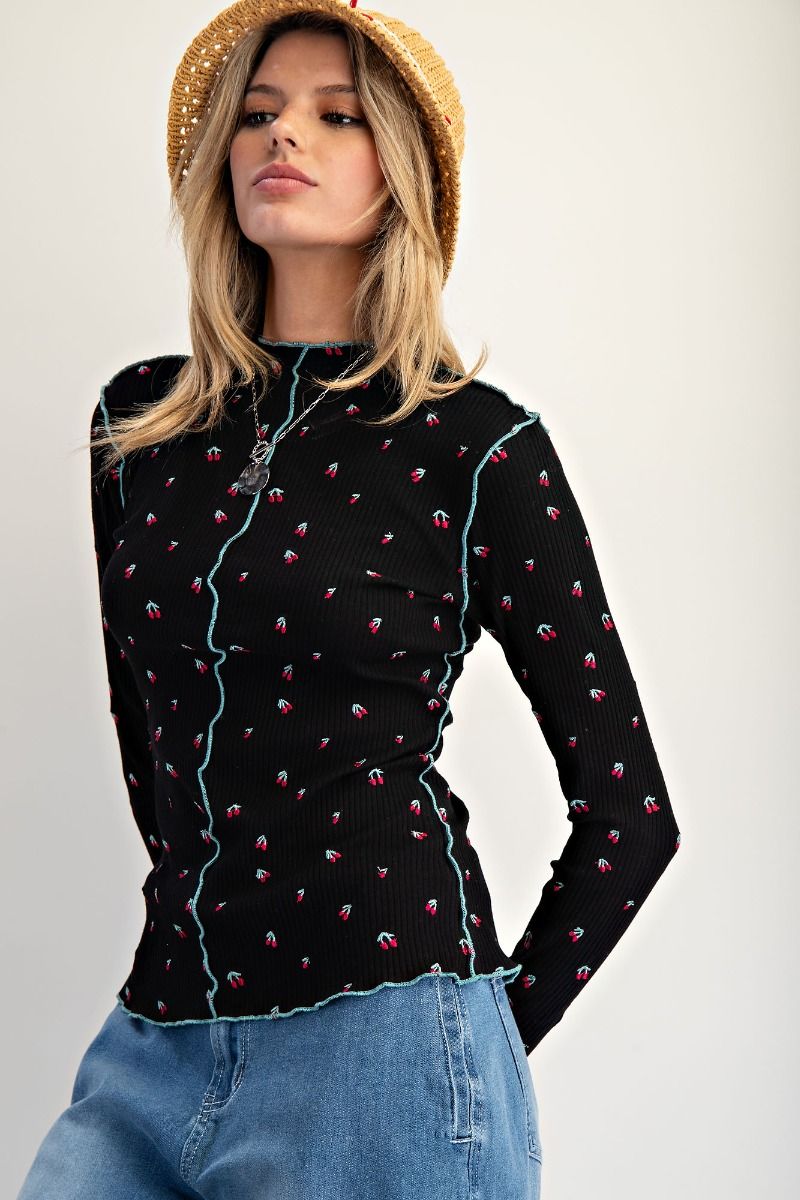 Cherry Embroidered Thermal Top Black