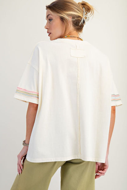 Easel Love Patch Front Cotton Jersey Boxy Top Cream