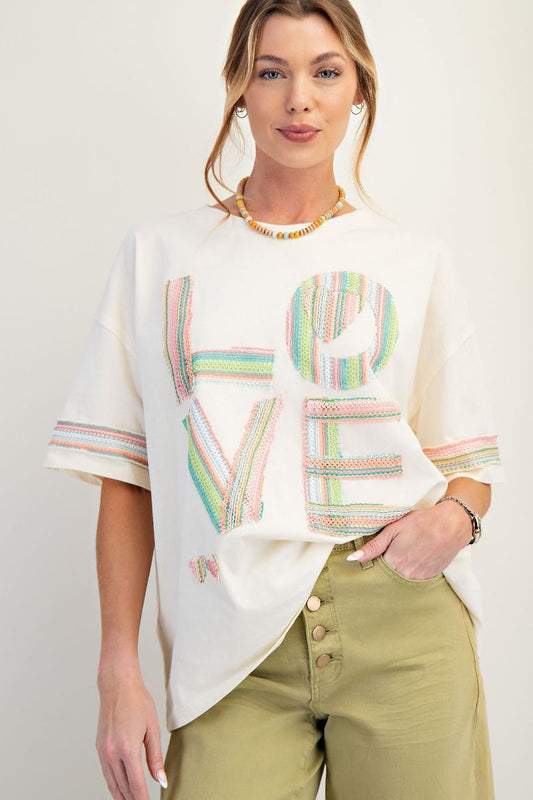 Easel Love Patch Front Cotton Jersey Boxy Top Cream