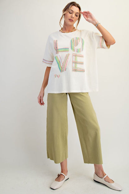 Easel Love Patch Front Cotton Jersey Boxy Top Cream