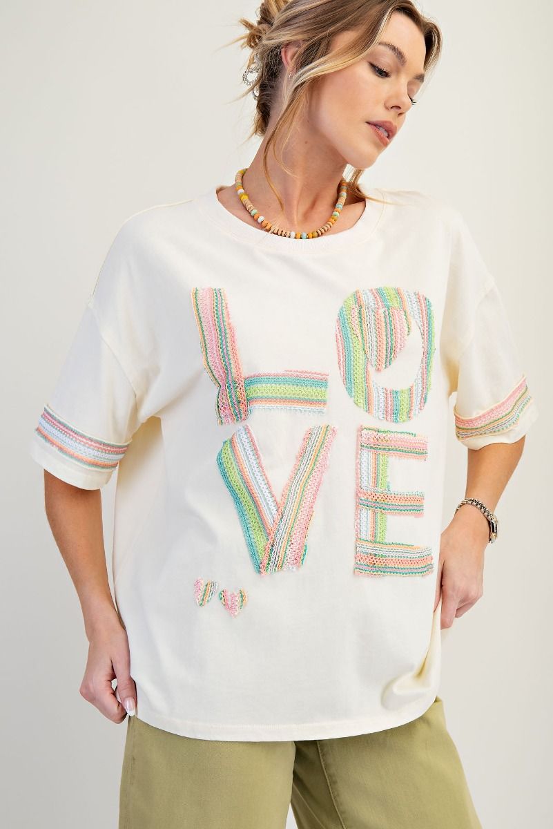 Easel Love Patch Front Cotton Jersey Boxy Top Cream