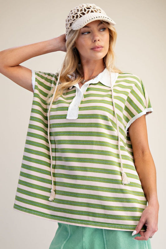 Easel Green Stripe Drop Shoulder Top