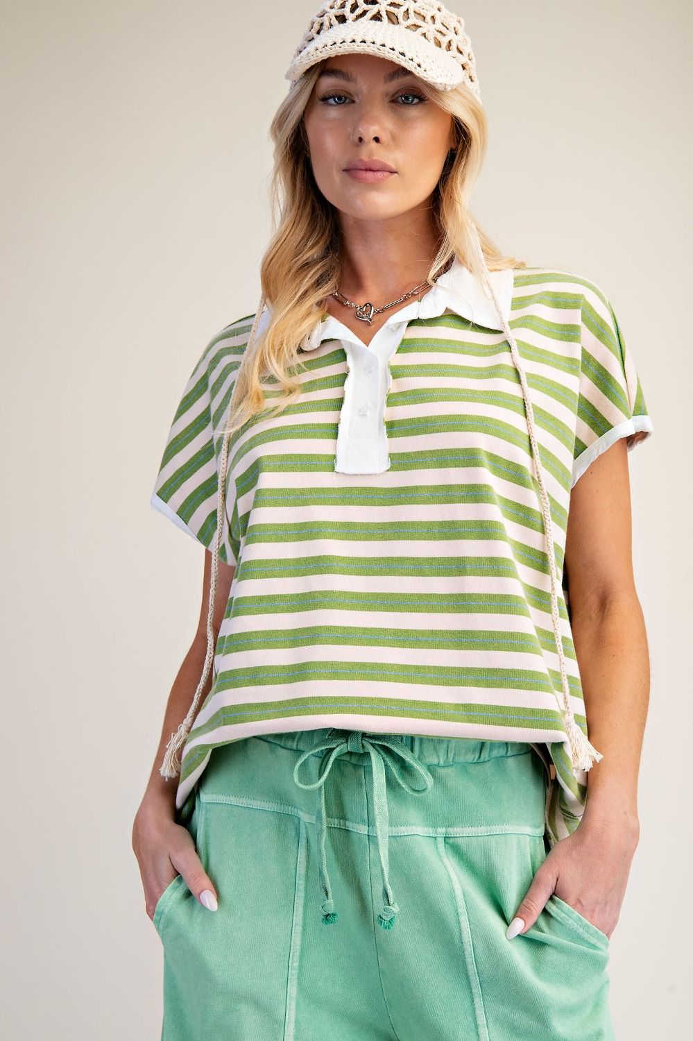 Easel Green Stripe Drop Shoulder Top