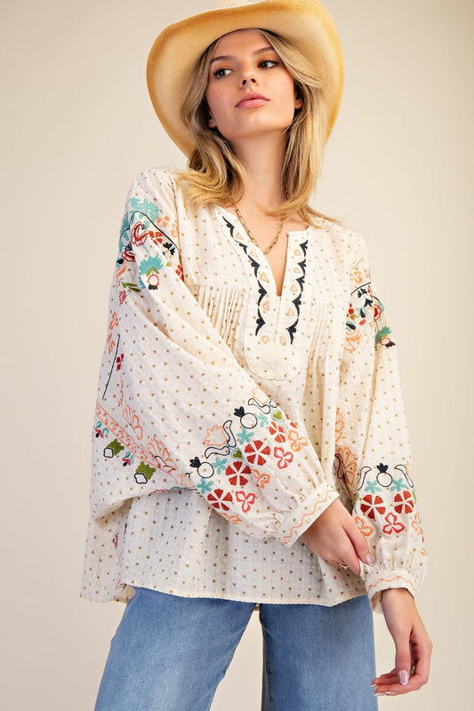 Easel Oatmeal Embroidered Top