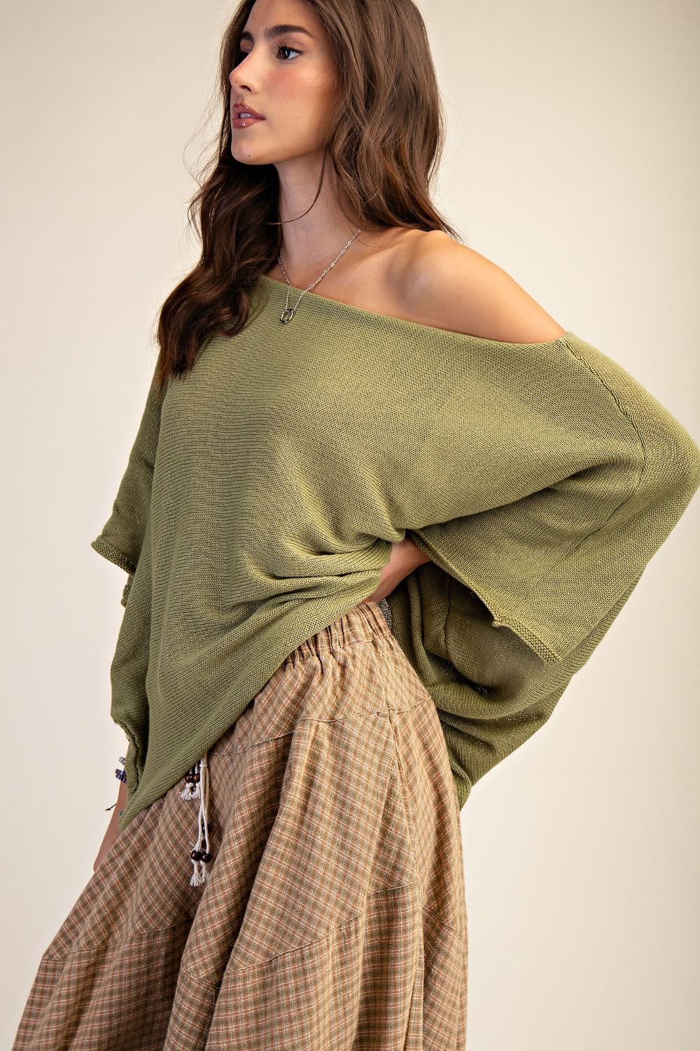 Easel Olive Boat Neck Knitted Sweater