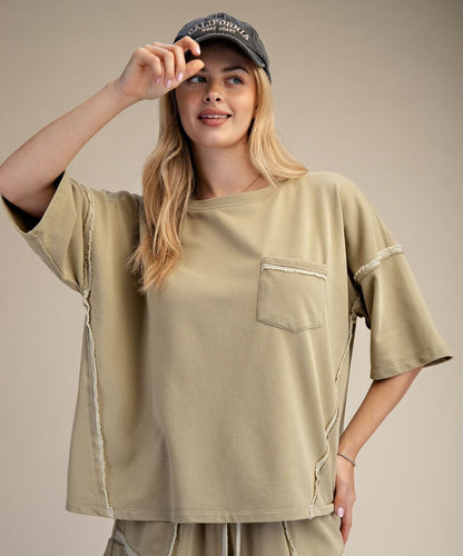 Easel Olive Washed Terry Boxy Top