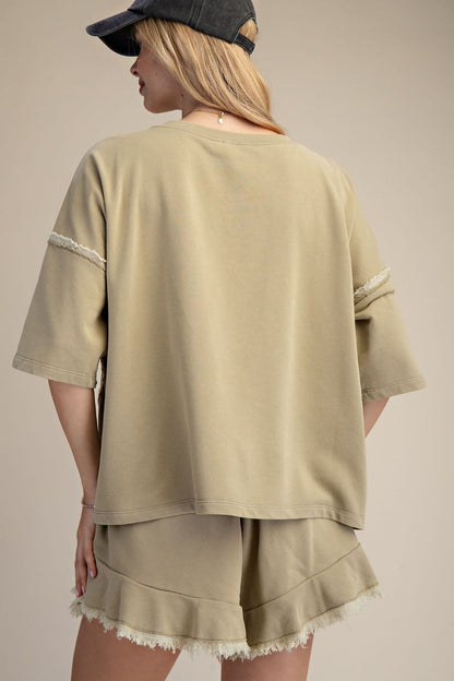 Easel Olive Washed Terry Boxy Top