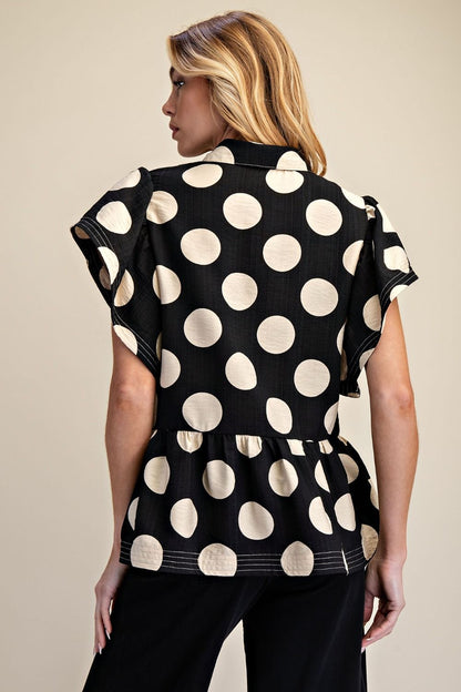 Easel Black Polka Dot Ruffle Top