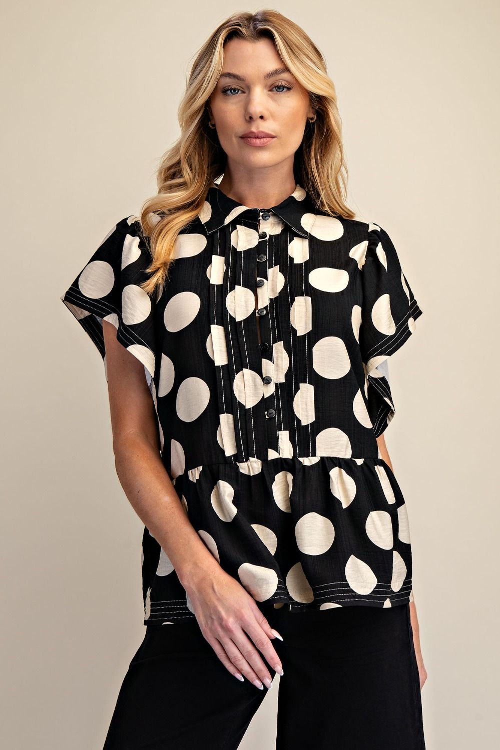 Easel Black Polka Dot Ruffle Top