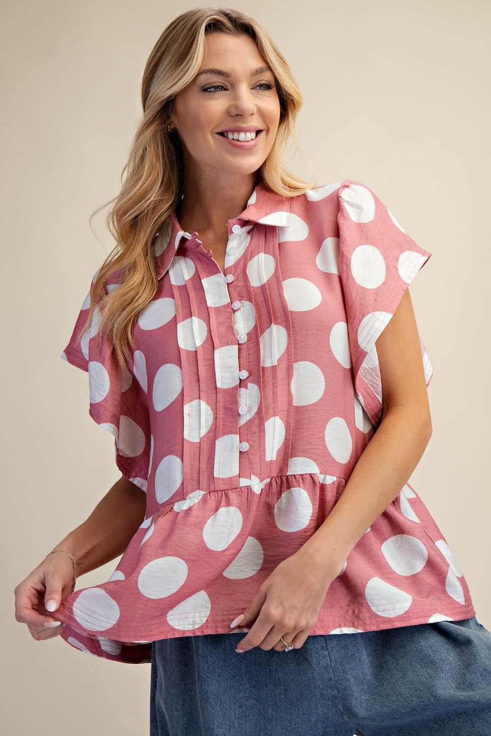 Easel Dusty Rose Polka Dot Ruffle Top