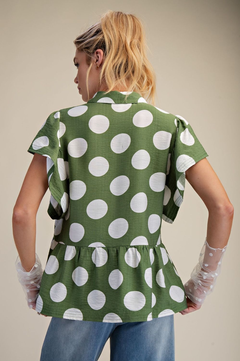 Easel Grass Green Polka Dot Ruffle Top