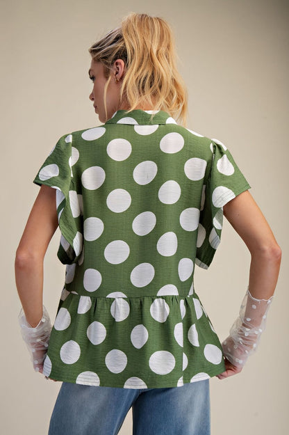 Easel Grass Green Polka Dot Ruffle Top