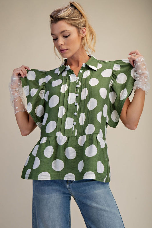 Easel Grass Green Polka Dot Ruffle Top