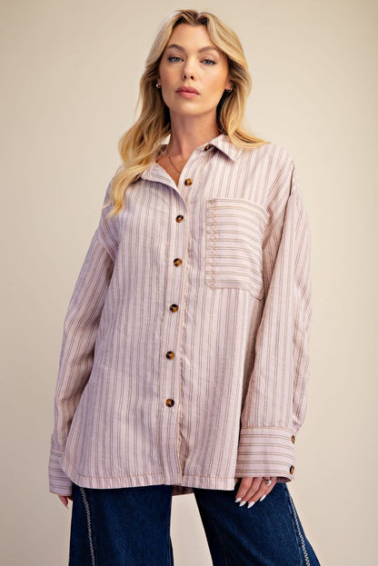 Easel Dusty Rose Stripe Button Down Top