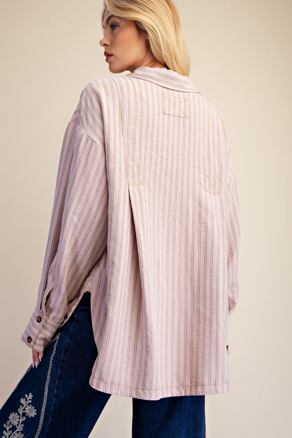 Easel Dusty Rose Stripe Button Down Top