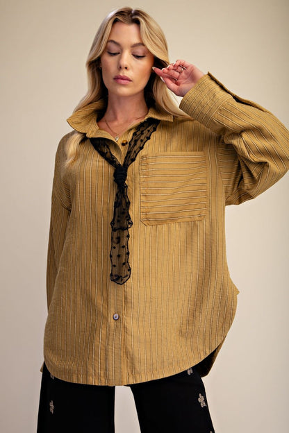 Easel Golden Kiwi Stripe Button Down Top