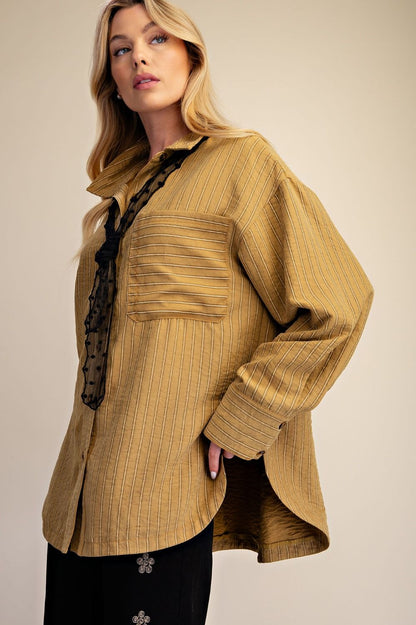 Easel Golden Kiwi Stripe Button Down Top