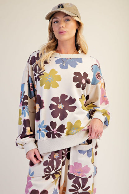 Easel Khaki Flower Printed Pullover