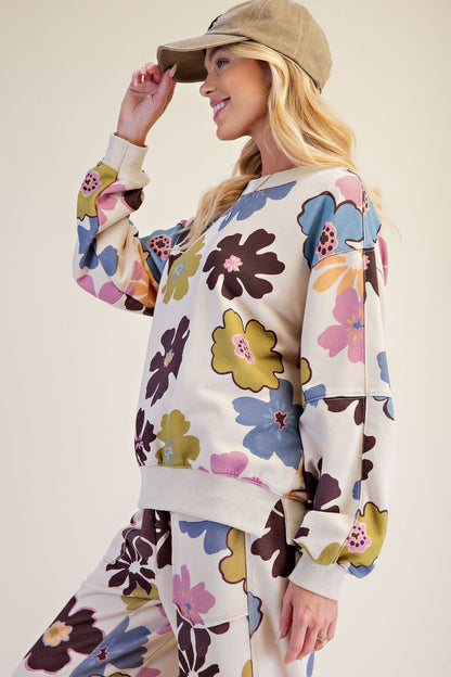 Easel Khaki Flower Printed Pullover