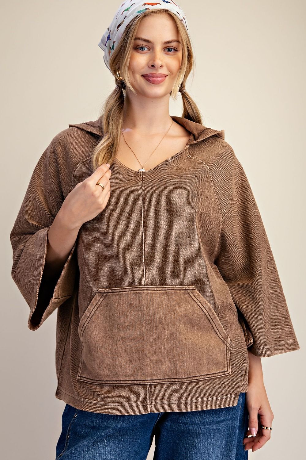 Easel Brown Knit Hoodie Pullover