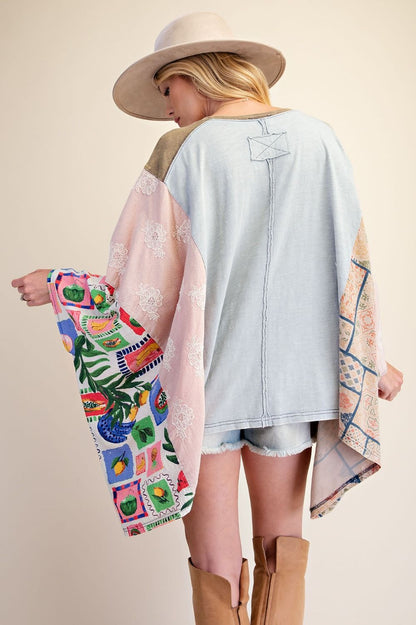 Easel Dusty Blue Peace Poncho Top