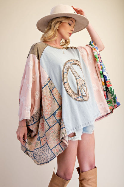 Easel Dusty Blue Peace Poncho Top
