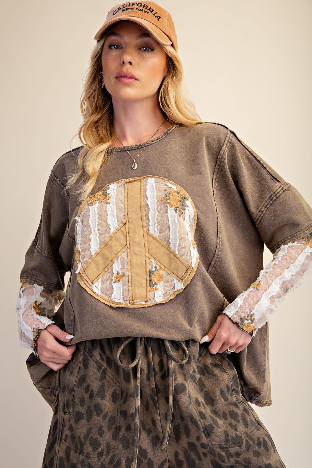 Easel Ash Peace Top with Floral Sheer Sleeves