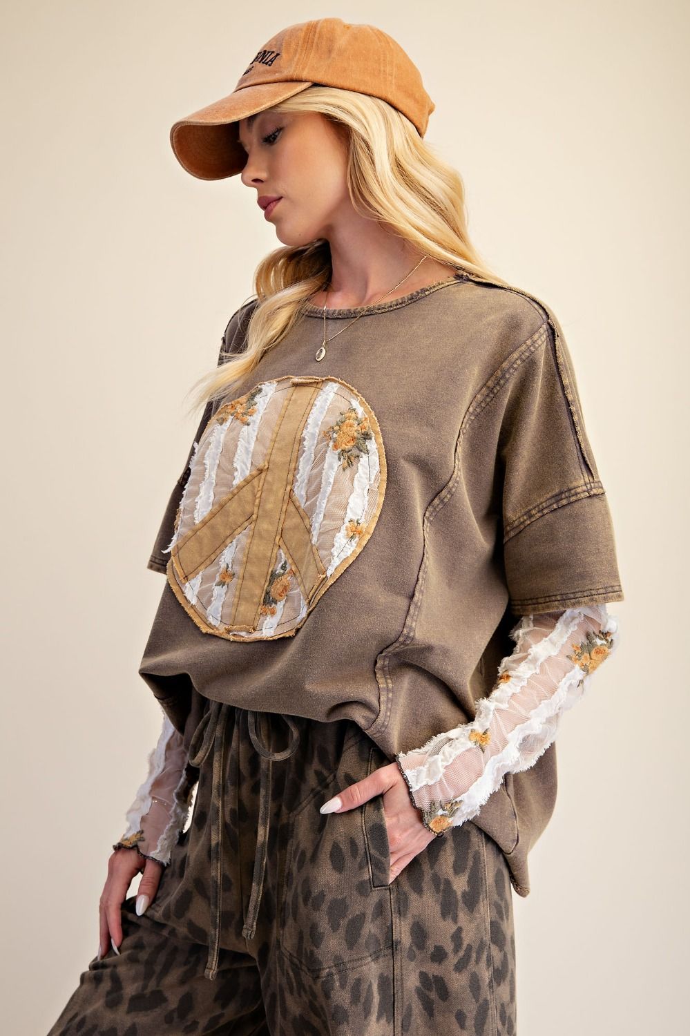 Easel Ash Peace Top with Floral Sheer Sleeves