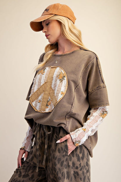 Easel Ash Peace Top with Floral Sheer Sleeves