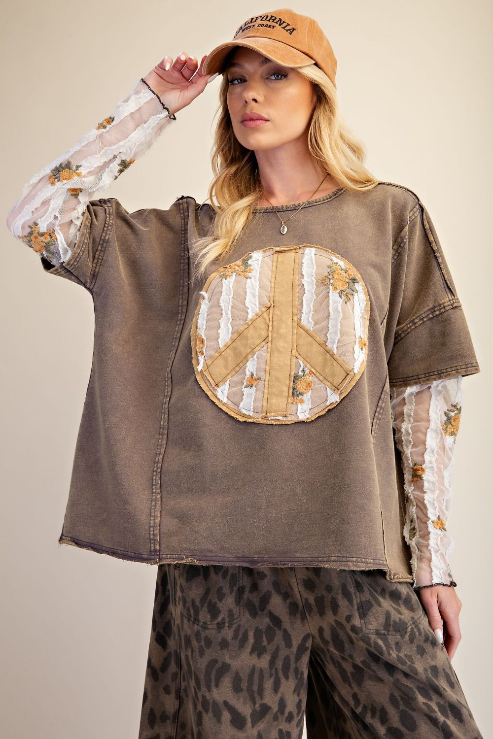 Easel Ash Peace Top with Floral Sheer Sleeves