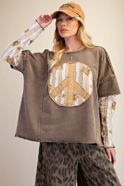Easel Ash Peace Top with Floral Sheer Sleeves