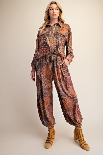 EASEL Olive Grey Patchwork Print Suede Top