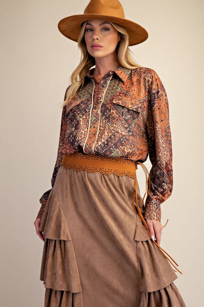 EASEL Olive Grey Patchwork Print Suede Top