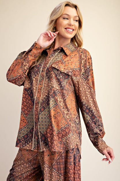 EASEL Olive Grey Patchwork Print Suede Top