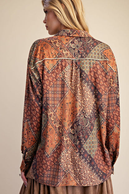 EASEL Olive Grey Patchwork Print Suede Top