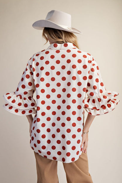 Easel Cappuccino Polka Dot Ruffle Sleeve Top