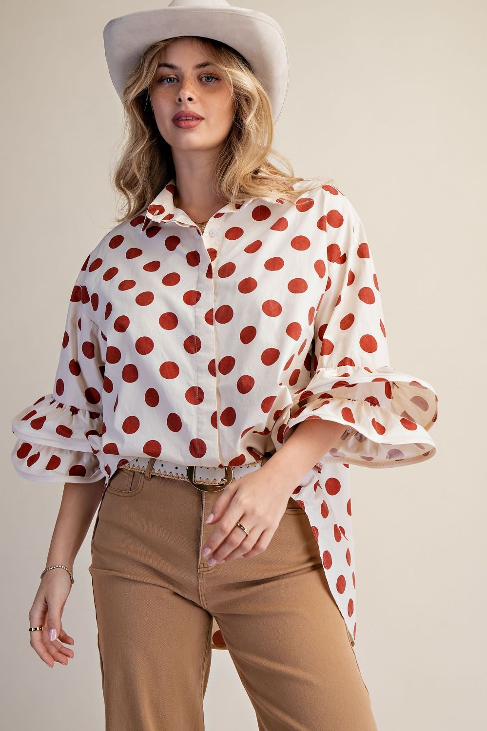 Easel Cappuccino Polka Dot Ruffle Sleeve Top