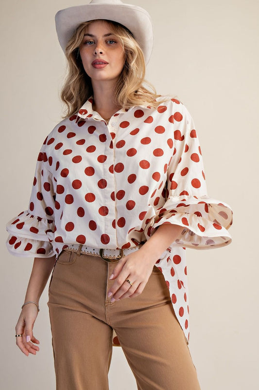 Easel Cappuccino Polka Dot Ruffle Sleeve Top