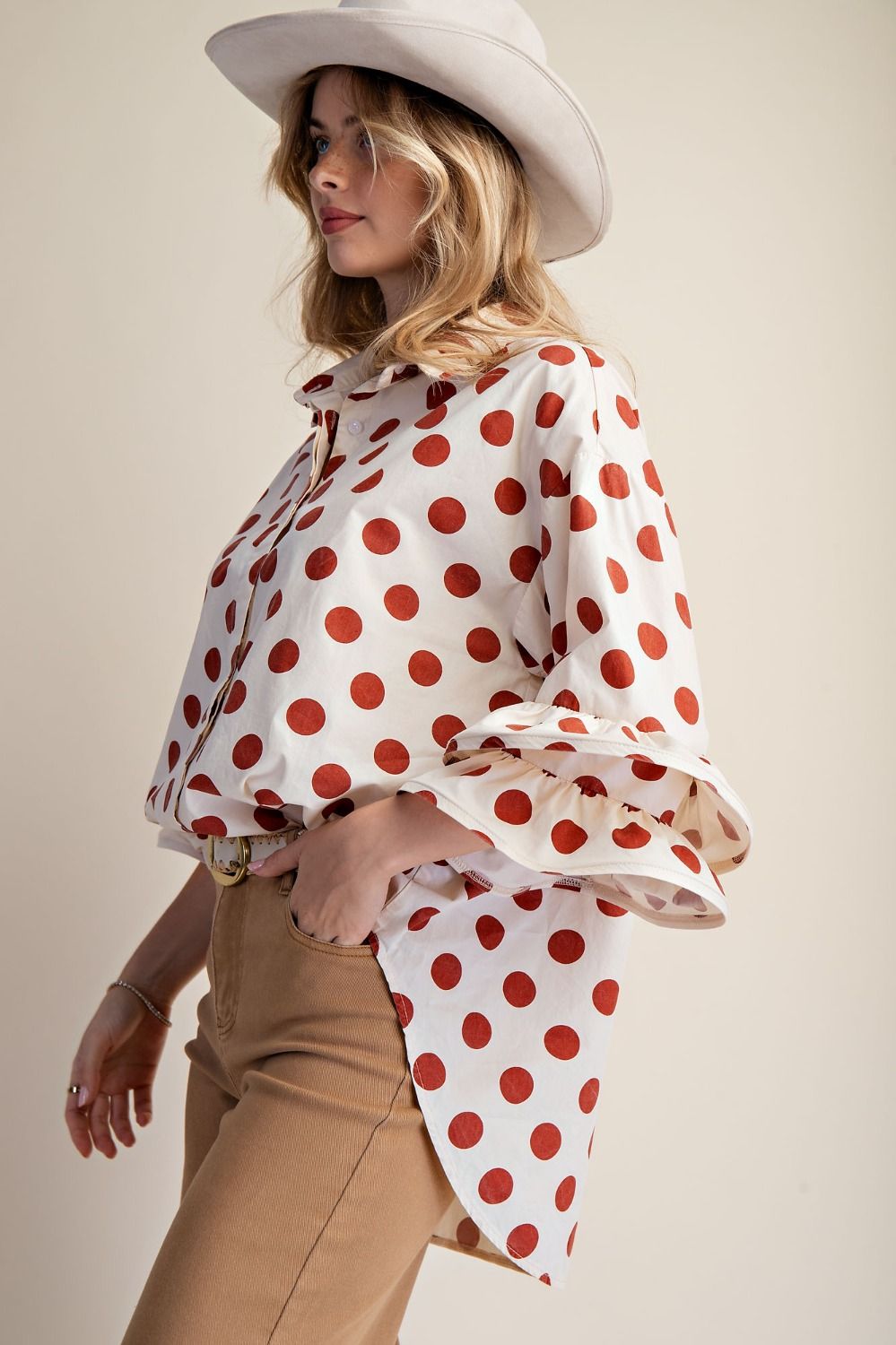 Easel Cappuccino Polka Dot Ruffle Sleeve Top