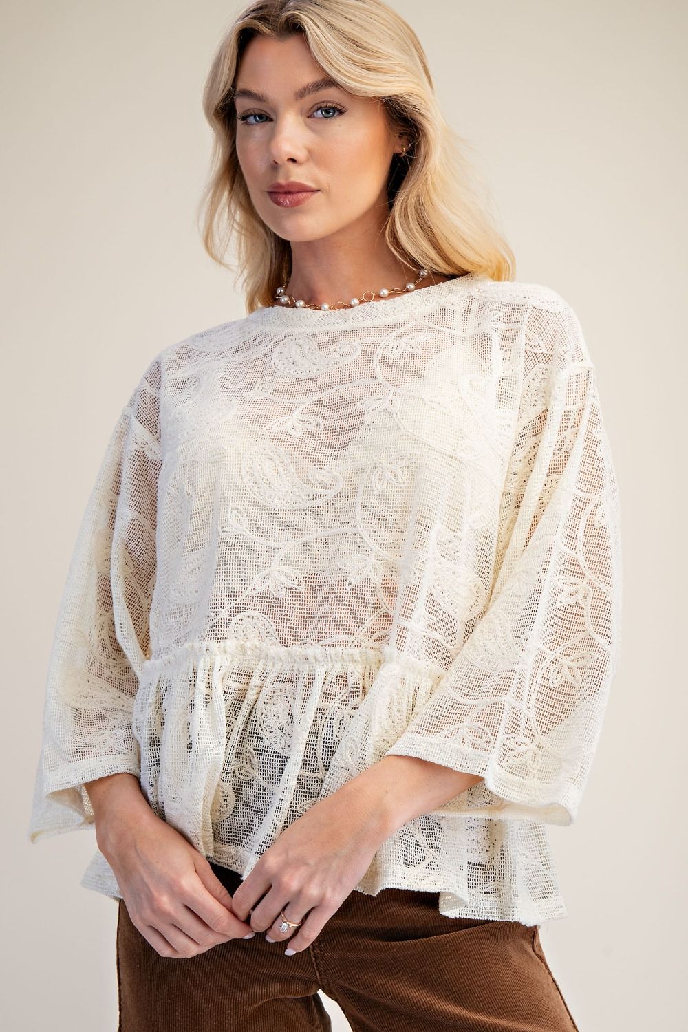 Easel Lace Ruffle Bottom Top