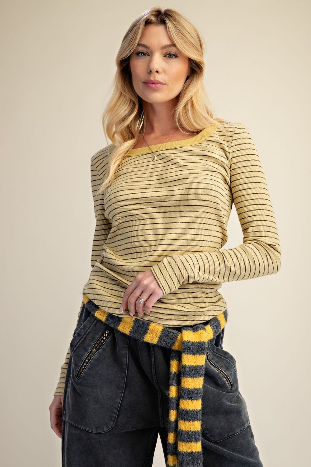 Easel Buttery Yellow Stripe Rib Knit Top