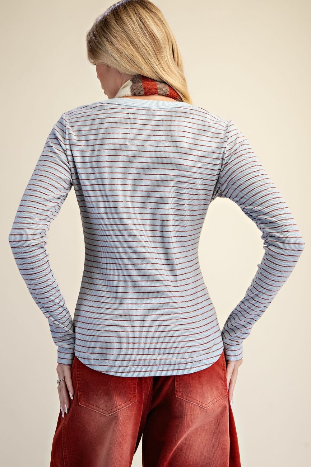 Easel Dusty Blue Stripe Rib Knit Top