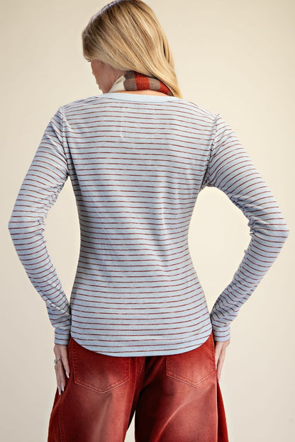 Easel Dusty Blue Stripe Rib Knit Top