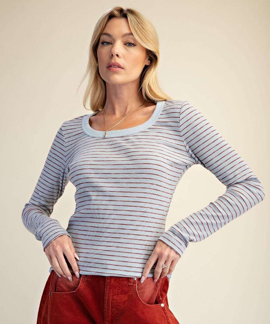 Easel Dusty Blue Stripe Rib Knit Top