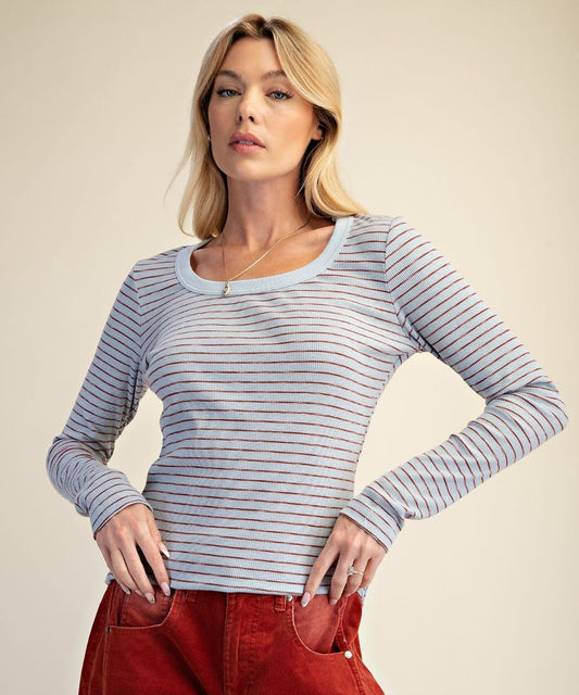 Easel Dusty Blue Stripe Rib Knit Top